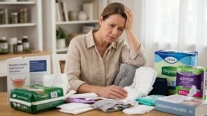 worrying-middle-age-woman-with-urinary-incontinence-products